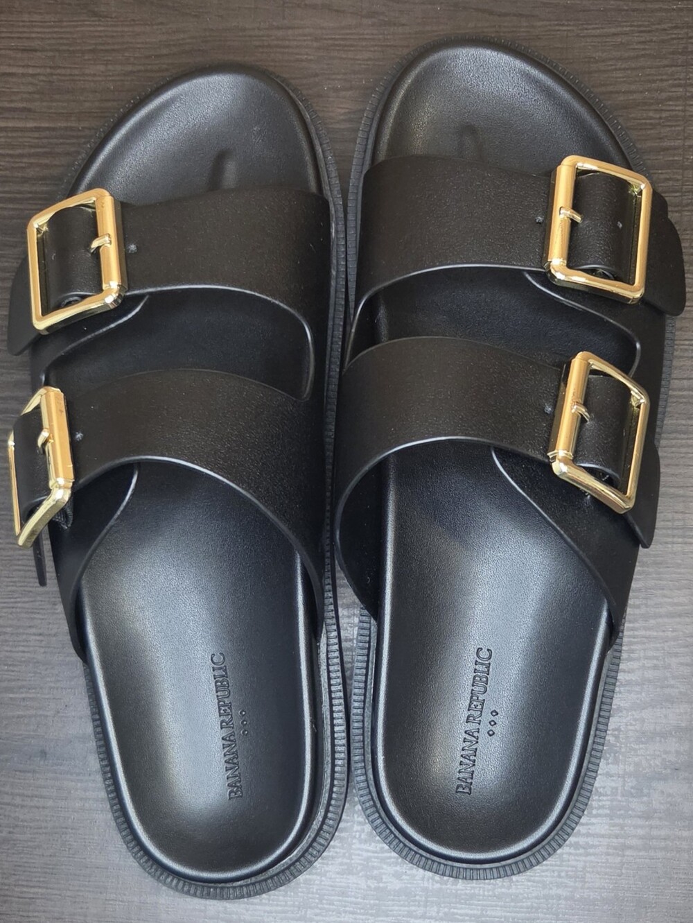 Banana Republic Black Double Buckle Slide Sandals Gold Hardware Size 7.5 NWOT
